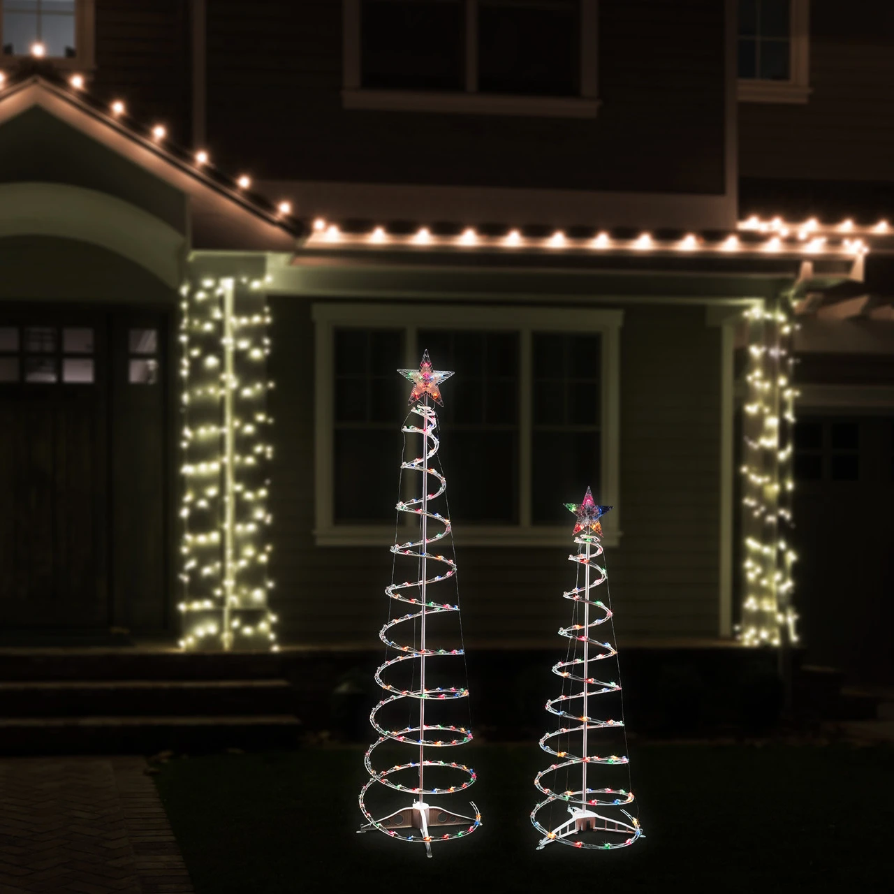 Set Of 2 Lighted Multi-Color Outdoor Spiral Christmas Cone Trees 4', 6' 5 Set Of 2 Lighted Multi-Color Outdoor Spiral Christmas Cone Trees 4', 6' - Image 3